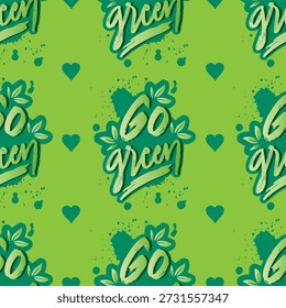 Patrón sin fisuras con letras van verde y corazones sobre fondo verde. Ilustración vectorial.