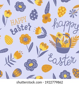 Seamless pattern with lettering 'Happy Easter' eggs, basket and a spring flowers for Easter. Vector design perfect for fabric, textile, wrapping paper, wallpaper and print.