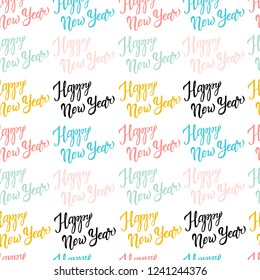 Seamless pattern with lettering "Happy New Year" on a white background.  Winter. Print for bed linens,clothes, fabric, textiles, wallpaper, greeting cards, wrapping paper, gift box.
