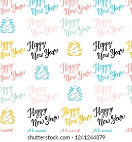 Seamless pattern with lettering "Happy New Year" on a white background.  Winter. Print for bed linens,clothes, fabric, textiles, wallpaper, greeting cards, wrapping paper, gift box.

