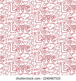 Seamless pattern with lettering love and hearts isolated on white background