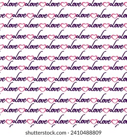 Seamless pattern with lettering love and hearts doodles for textile, scrapbook. Love illustration hearts hand drawn background for Valentines day.