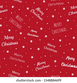 Seamless pattern of lettering Merry Christmas. White letter and snow on red background. Wallpaper and wrapping decoration. Symbol of Merry Christmas holiday, Happy New Year celebration