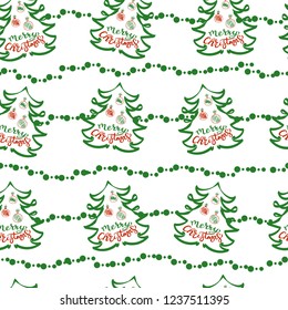 Seamless pattern with lettering Merry Christmas.Christmas tree. Typography for winter holidays.Vector. Print for bed linens, fabric, textiles, wallpaper, greeting cards, wrapping paper, gift box  

