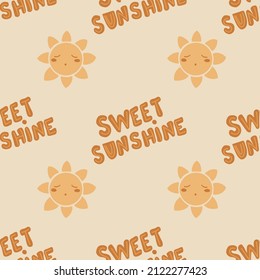 Seamless pattern with a lettering phrase sweet sunshine and a sun. Background, backdrop, texture in a doodle style. Baby shower and gender party concept. Baby reveal. Vector