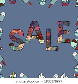 Seamless pattern. Lettering. Picture in black, neutral and blue colors. Vector illustration. Summer sale banner design, special offer for online shopping.