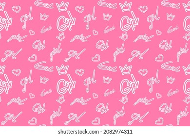 seamless pattern with lettering, pink background for girls, graffiti and doodle style, stylish and trendy print, factory print pattern.