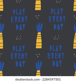 Seamless pattern. Lettering: play every day. Cute patterns with mallows. An interesting pattern for printing on fabric, for children's and adult t-shirts, product packaging, for posters.