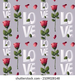 Seamless pattern with lettering, roses, petals. Happy Valentine's Day, Romance, Love, wedding concept. Perfect for product design, scrapbooking, textile, wrapping paper.