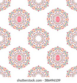Seamless pattern with lettering saying Happy Easter based on mandala shape.  Perfect texture for your easter printing and textile design, paper, fabric, book cover, web and magazine pages background.