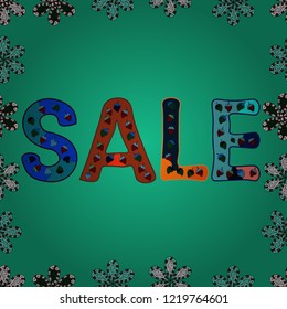 Seamless pattern. Lettering. Vector illustration. Illustration in green, blue and brown colors. Stock clearance banner, Sale Label.