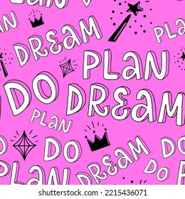 Patrón transparente de letras e iconos. El lema del plan de sueño hace. Fondo rosa. Letras 3D. Imprima con sorna la cubierta del diario de bala, papel de envoltura. Obra de arte para tee, chaquetas para bombarderos, capucha.