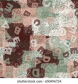 Seamless pattern. The letters A, B, C, D, E on a background of colored spots. Children's camouflage. Brown, beige, white and gray-green tones.