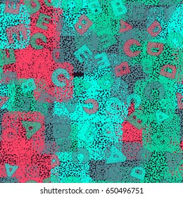 Seamless pattern. The letters A, B, C, D, E on a background of colored spots. Children's camouflage. Red, gray, black and green tones.