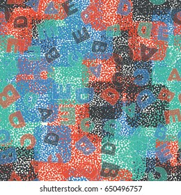 Seamless pattern. The letters A, B, C, D, E on a background of colored spots. Children's camouflage. Red, blue, green and dark gray tones.