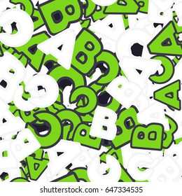 Seamless pattern. The letters "ABC" are located randomly. Children's and women's camouflage. White, gtray, green, black.
