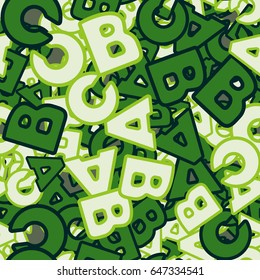 Seamless pattern. The letters "ABC" are located randomly. Children's and women's camouflage. Green, gray, pale beige-green.
