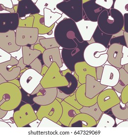 Seamless pattern. The letters "ABCD" are located randomly. Children's and women's camouflage. Pale yellow, pale brown, purple tones, beige.
