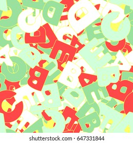 Seamless pattern. The letters "ABCDE" are located randomly. Children's and women's camouflage. Red, yellow, white, green tones.
