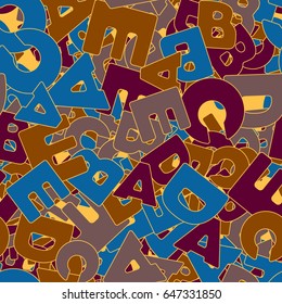 Seamless pattern. The letters "ABCDE" are located randomly. Children's and women's camouflage. Red-brown. yellow, gray-brown, blue.
