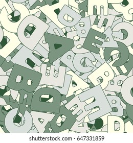 Seamless pattern. The letters "ABCDE" are located randomly. Children's and women's camouflage. Gray-green-yellow tones.
