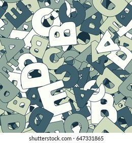 Seamless pattern. The letters "ABCDE" are located randomly. Children's and women's camouflage. 
Grey-green-blue-white.