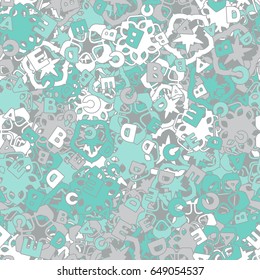 Seamless pattern. The letters "ABCDE" are located randomly. Background from chaotically located a five-sided figures. Children's and women's camouflage. Gray-blue-green and white.