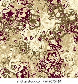 Seamless pattern. The letters "ABCDE" are located randomly. Background from chaotically located a five-sided figures. Children's and women's camouflage. Beige-khaki-purple tones.