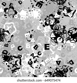 Seamless pattern. The letters "ABCDE" are located randomly. Background from chaotically located a five-sided figures. Children's and women's camouflage. Gray, white, black.