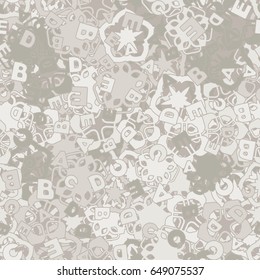 Seamless pattern. The letters "ABCDE" are located randomly. Background from chaotically located a five-sided figures. Children's and women's camouflage. Light gray.