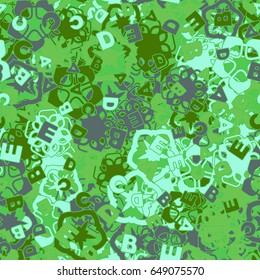 Seamless pattern. The letters "ABCDE" are located randomly. Background from chaotically located a five-sided figures. Children's and women's camouflage. Green tones and blue.