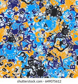 Seamless pattern. The letters "ABCDE" are located randomly. Background from chaotically located a five-sided figures. Children's and women's camouflage. Blue,  violet and yellow.