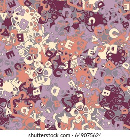 Seamless pattern. The letters "ABCDE" are located randomly. Background from chaotically located a five-sided figures. Children's and women's camouflage. Brown-purple-beige.