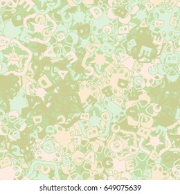 Seamless pattern. The letters "ABCDE" are located randomly. Background from chaotically located a five-sided figures. Children's and women's camouflage. Light yellow-beige-green.
