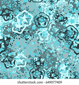 Seamless pattern. The letters "ABCDE" are located randomly. Background from chaotically located a five-sided figures. Children's and women's camouflage. Blue-gray tones.