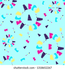 Seamless pattern with letters of alphabet A, B, C, D. Bright neon colors on soft blue background. Letters are drawn by hand. For decor of children's books, textiles, posters. Scandinavian style.