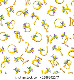 Seamless pattern with letters. Alphabet in yellow and lilac color with a bouquets of crocuses. White background.