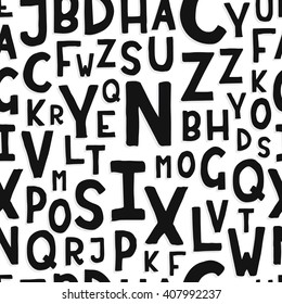 Seamless pattern with letters, black latin letters on white background