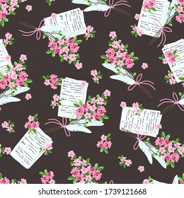 Seamless pattern with letters and bouquets of flowers. Suitable for textiles and typography.