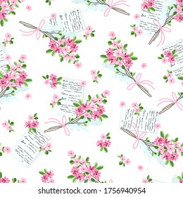 Seamless pattern with letters and bouquets of flowers. Suitable for textiles and typography.
