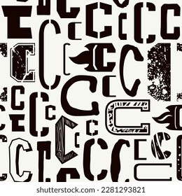 Seamless pattern with letters c in typographic style. Black print on white background