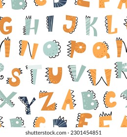 Seamless pattern with letters dinosaurs. Pattern for bedroom, wallpaper, kids and baby wear.