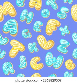 Seamless pattern with letters donuts in realistic style on the blue background, 3d. Design for packaging, textures, prints, fabrics. Vector illustration. Cake and cookies isolated glazed dessert