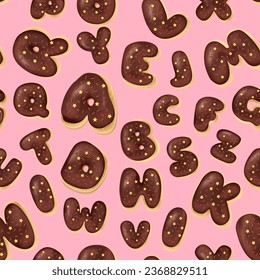 Patrón sin brillo con letras donuts en un estilo realista sobre el fondo rosado, 3d. Diseño para embalaje, texturas, impresiones, tejidos. Ilustración vectorial. Pastel y galletas aisladas de postre acristalado