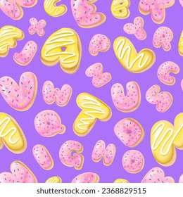 Seamless pattern with letters donuts in realistic style on the purple background, 3d. Design for packaging, textures, prints, fabrics. Vector illustration. Cake and cookies isolated glazed dessert