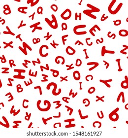 Seamless pattern letters of the English alphabet Christmas colors. Red letters on a white background. Vector illustration. Design, web banner, wrapping paper, postcards.