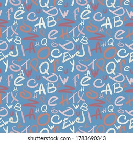 Seamless pattern. Letters of the English alphabet written by hand on a white background. Print. Background texture. Vector illustration