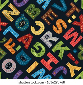 Seamless pattern with letters of the English alphabet. Vector  Background for fabric, textile, wallpaper, posters, gift wrapping paper, napkin, pajamas.  Print for children, baby 