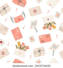 Seamless pattern with letters, envelopes and stamps in flat style. Cute background for Valentine's Day, wedding and March 8th.