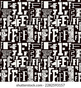 Seamless pattern with letters f in typographic style. White print on black background